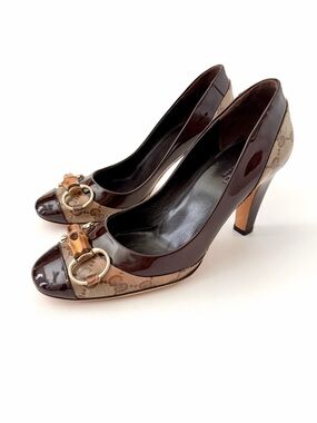 GUCCI | Vintage GG Canvas Bamboo Horsebit Patent Leather Pumps Brown Heels EU 38